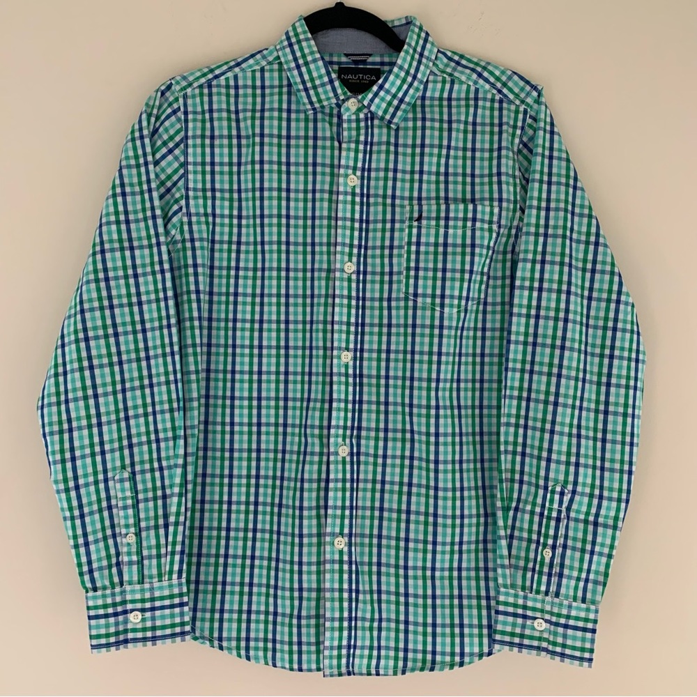 Nautica Dress Shirt Green Plaid Casual Long Sleeve Button Up Boys 14/16
